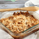 apple crisp in glass baking dish