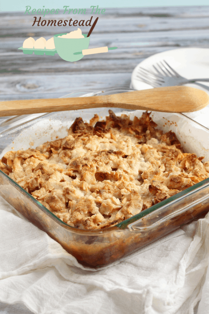 apple crisp in glass baking dish