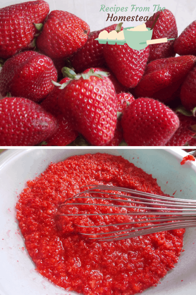 strawberries and crushed strawberries for freezer jam