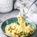 butternut squash pasta in blue bowl
