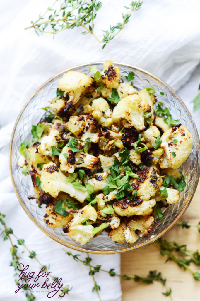 cauliflower dressing in glass bowl