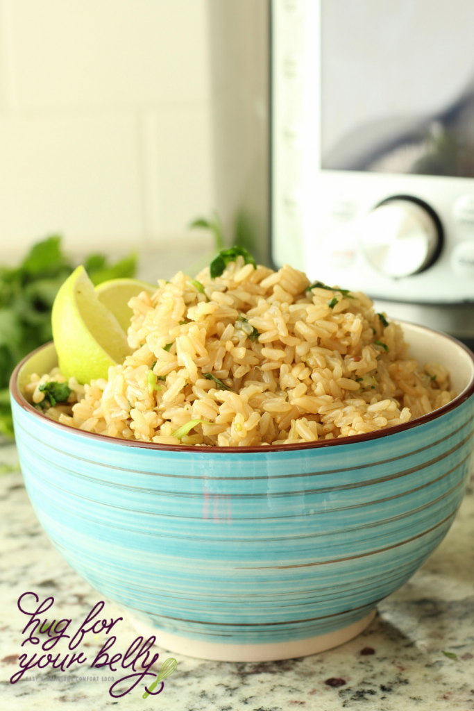 brown rice in blue bowl